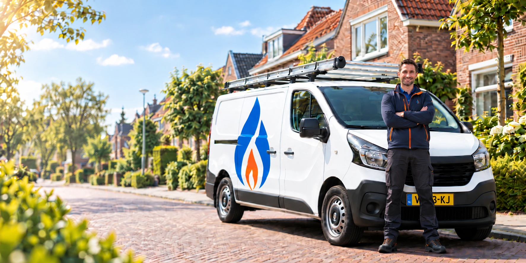 Monteur in blauw-oranje werkkleding voor een witte servicebus in een Nederlandse woonstraat
